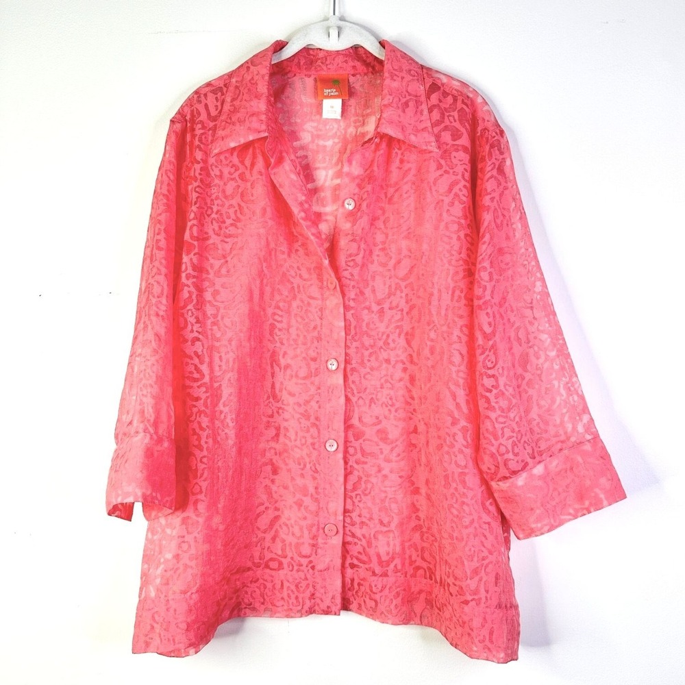 Hearts of Palm Top Women Plus 18 Pink Coral‎ Sheer Burnt Out Blouse 3/4 Slv NWOT